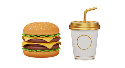 Isolated Cartoon Burger with Soda and Golden Straw