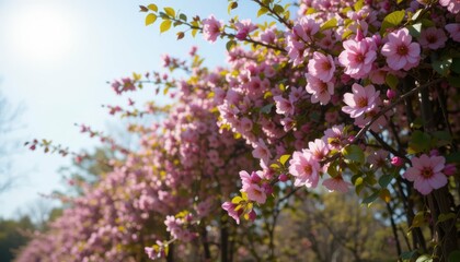 Vibrant Pink Cherry Blossom Flowers Under Clear Blue Sky