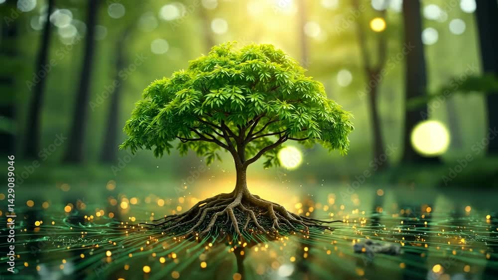 Poster lush green tree with bright leaves illuminated by soft light surrounded by sparkling glitter in ench