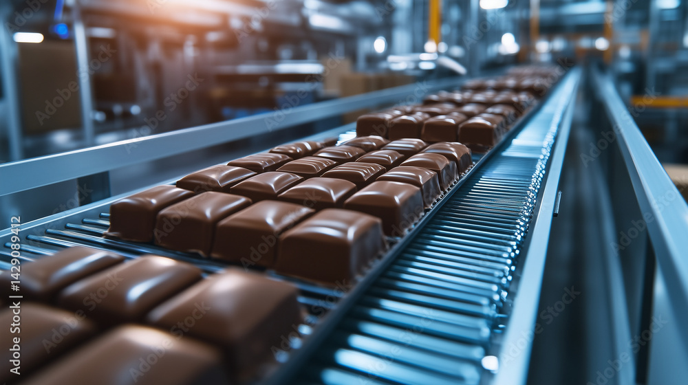 Poster conveyor belt transporting wrapped chocolate bars into a smart sorter, dividing them into boxes by w