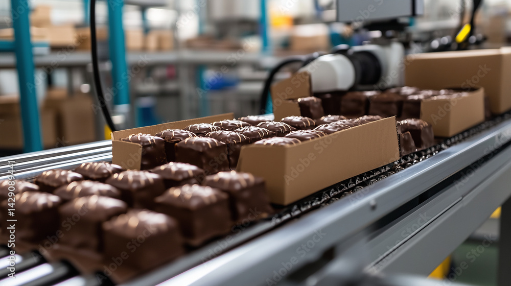 Poster conveyor belt transporting wrapped chocolate bars into a smart sorter, dividing them into boxes by w