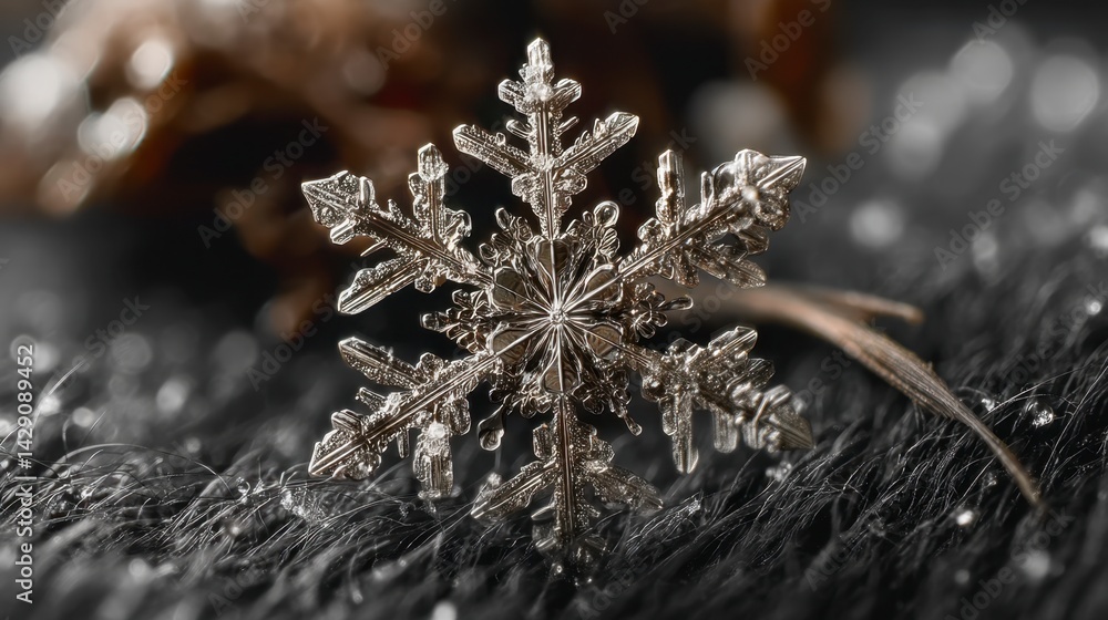 Poster close up of a single, intricately detailed snowflake resting on a dark, textured surface. the snowfl