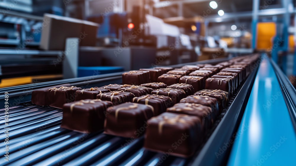 Poster conveyor belt transporting wrapped chocolate bars into a smart sorter, dividing them into boxes by w