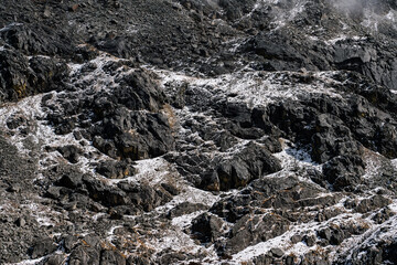 Rocky Patterns of the High Himalayas during Winter with Prominent Black Rock Formations.