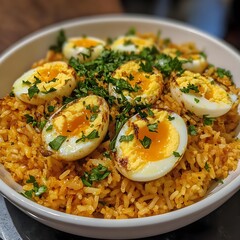Savory egg biryani recipe indian kitchen food photography cozy atmosphere close-up culinary delight