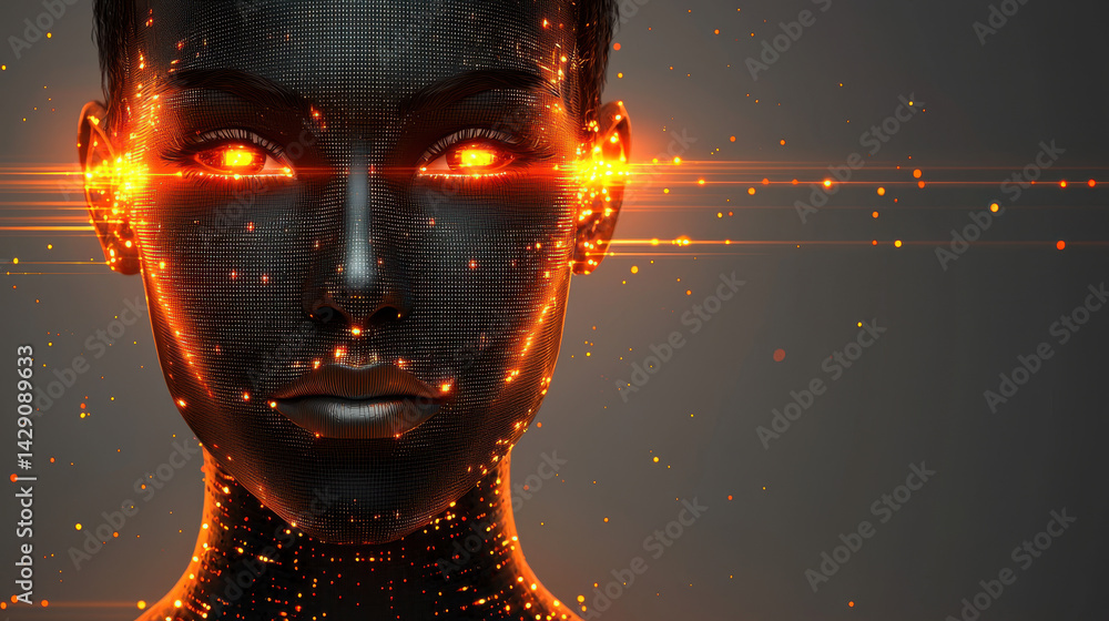 Poster concept of future consciousness depicted through abstract biomechanical organism with glowing energy