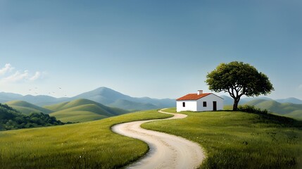 Tranquil impressionistic landscape featuring a charming farmhouse nestled among lush rolling hills and a serene pastoral setting painted in a vibrant