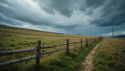 Tranquil Rural Landscape with Fence Path Under Dramatic Sky