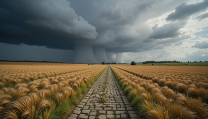 Obraz premium Stormy Sky Over Golden Wheat Field with Cobblestone Pathway