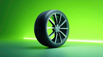single car wheel with sleek design rests against vibrant neon green background