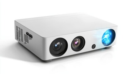 A projector with an ultra-thin profile and integrated speakers, isolated on a clean white background