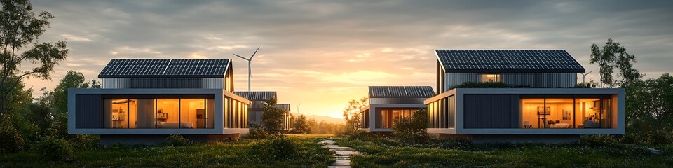 Obraz premium Self-Sustaining Eco-Homes Powered by Solar Wind and Hydro Energy in a Green Urban Area designed for self-sustainability 
