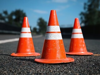 Traffic safety measures orange cones placed on roadway urban environment high-resolution photography daytime
