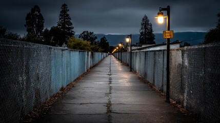 Obraz premium Dark, moody pathway at night, lined with walls adorned with abstract graffiti art, illuminated by vintage style street lamps under a cloudy sky.