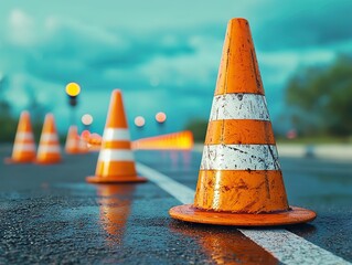 Traffic control action with safety cones on urban street roadway environment close-up view for safety awareness
