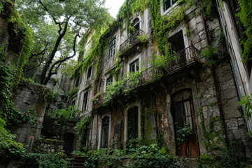 Obraz premium Old building covered in ivy, creating a charming and green facade.