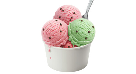 Isolated Strawberry and Mint Ice Cream Scoops in White Cup with Spoon