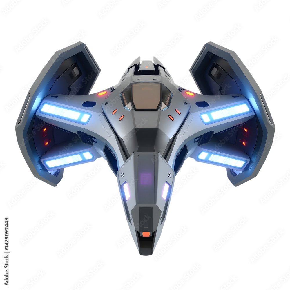 Poster futuristic alien spaceship, 3d render. sleek extraterrestrial spacecraft with glowing lights, isolat