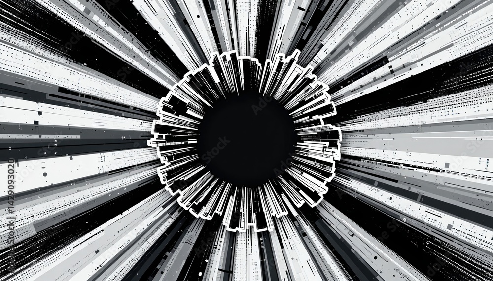 Poster dynamic abstract burst of light and sound digital space visual art tech environment wide-angle persp