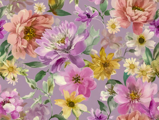 A seamless pattern of watercolor flowers in pastel colors, including pink and purple hues on a lavender background