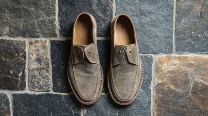 Pair of light taupe suede loafers on stone