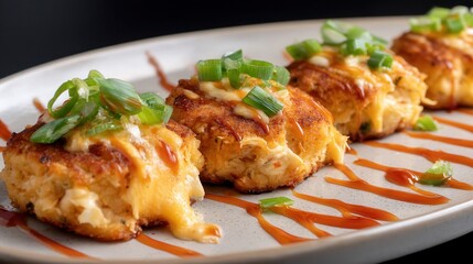 Fototapeta premium An eye level shot of a plate of cheesy Cajun crab cakes. The crab cakes contain the following ingredients, jumbo lump crabmeat, Cajun seasoning and gooey processed cheddar cheese.