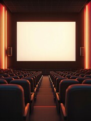 Fototapeta premium Empty movie theater with illuminated aisles and large screen.