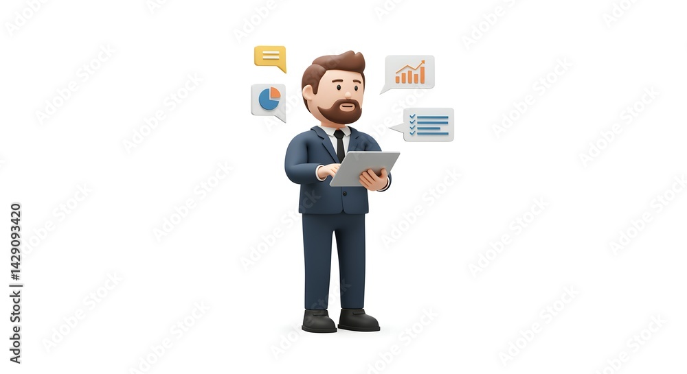 Poster businessman analyzing data on tablet 3d render of a man reviewing charts and graphs for strategic de