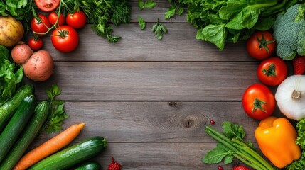 Fresh organic vegetables on wooden table with tomatoes, carrots, and lettuce.