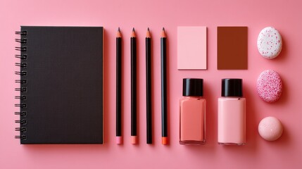 Flat lay of stationery and cosmetic items on a pink background. Includes notebook, pencils, nail polish, and macarons.