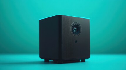 Obraz premium A small cube-shaped projector with glowing LEDs and a matte black finish, on a plain teal background