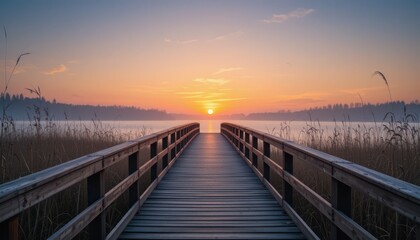 Naklejka premium Tranquil Sunset Over Serene Lake with Wooden Pier and Reeds