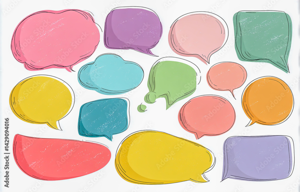 Poster a set of pastel-colored speech bubbles in various shapes, perfect for adding cute and colorful text 