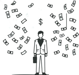 Black and white of a businessman in a suit with dollar bills floating around him. Bold vector illustration symbolizing wealth, success, financial gain, or business achievement.

