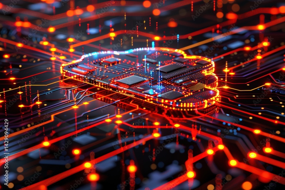 Poster abstract circuit board design with glowing elements and vibrant colors.