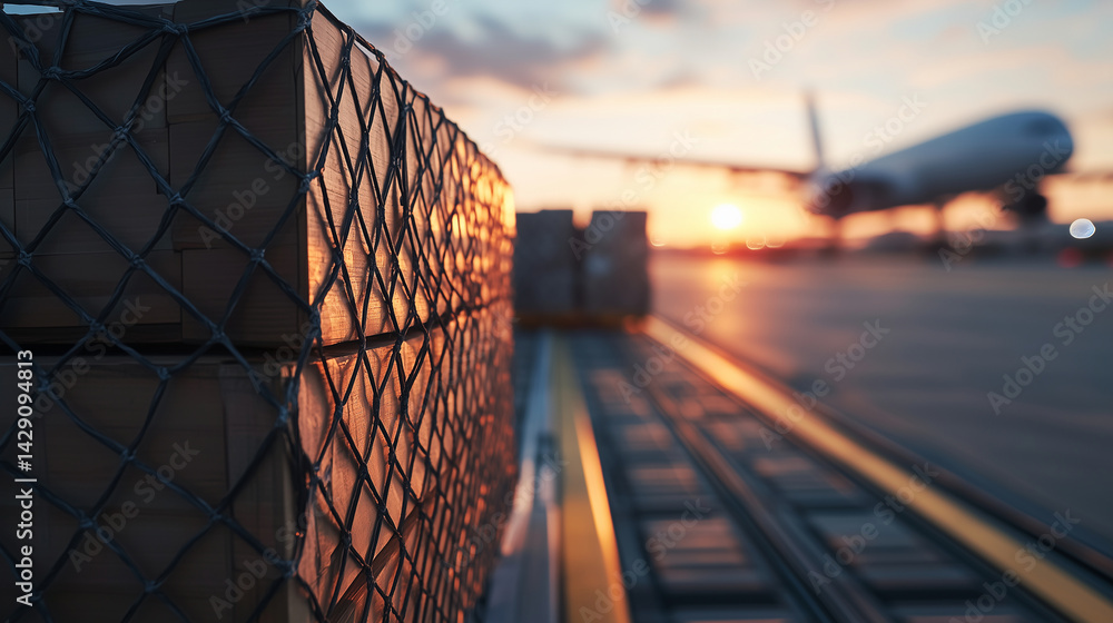 Aufkleber close-up of cargo netting secured tightly over stacked crates, rolling toward open plane hatch on tr