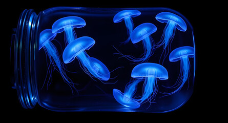 Glass Jar Containing Glowing Neon Jellyfish on Black Background – Surreal Fantasy-Inspired Isolated Object for Magical, Oceanic, or Conceptual Designs