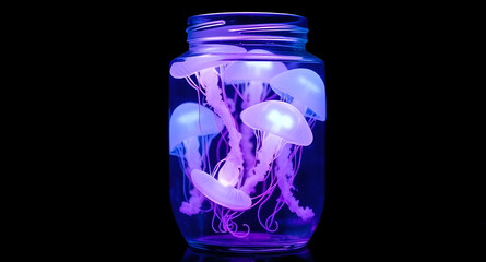 Glass Jar Containing Glowing Neon Jellyfish on Black Background – Surreal Fantasy-Inspired Isolated Object for Magical, Oceanic, or Conceptual Designs