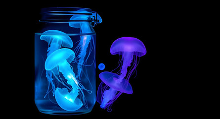 Glass Jar Containing Glowing Neon Jellyfish on Black Background – Surreal Fantasy-Inspired Isolated Object for Magical, Oceanic, or Conceptual Designs