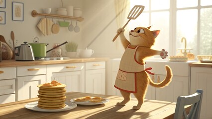 This delightful illustration portrays a cheerful orange cartoon cat standing proudly in a sun-drenched kitchen. Wearing a patterned apron tied with a red bow, the cat joyfu