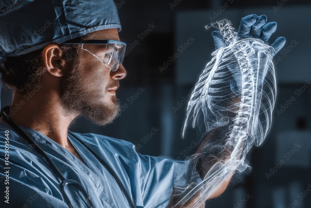 Poster surgeon examining anatomical model with high-tech visualization.
