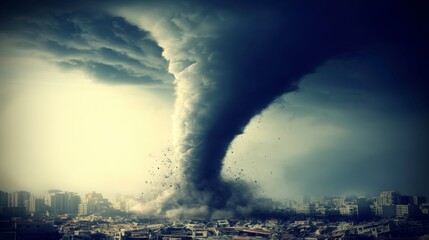 Obraz premium Dark and ominous storm cloud forming a powerful tornado over a city, debris flying through the air.