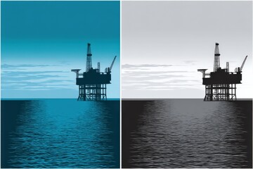 Obraz premium Offshore oil rig silhouette over calm water at sunset and dusk