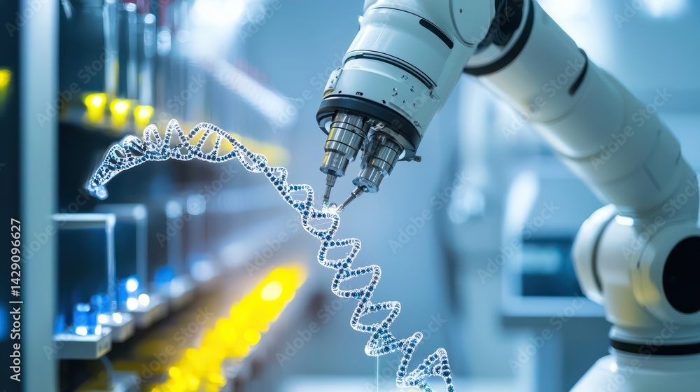 Poster a robotic arm manipulating a dna strand in a high-tech lab.