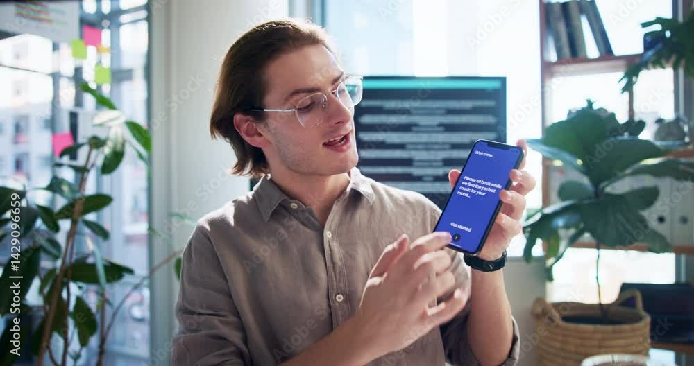 Poster face, business or man with presentation, smartphone and proposal for live streaming. show, person or