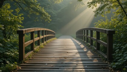 Fototapeta premium Tranquil Wooden Bridge Over Pathway Surrounded By Lush Greenery