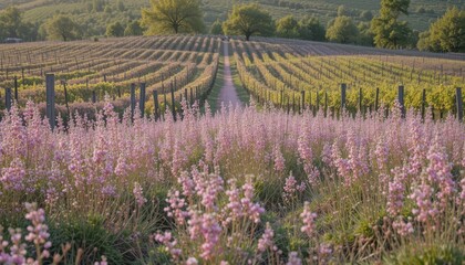 Obraz premium Serene Vineyard Landscape with Blossoming Flowers in Twilight Light