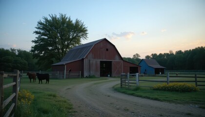 Obraz premium Red barn at sunset with grazing cows in rural countryside scene
