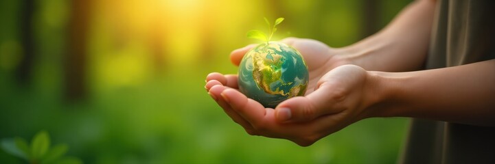 Sustainability concept with hands holding earth globe and green sprout for environmental conservation