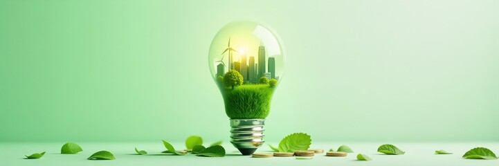 Green city with wind turbines and trees inside a light bulb surrounded by leaves and coins, concept of sustainable energy and investment